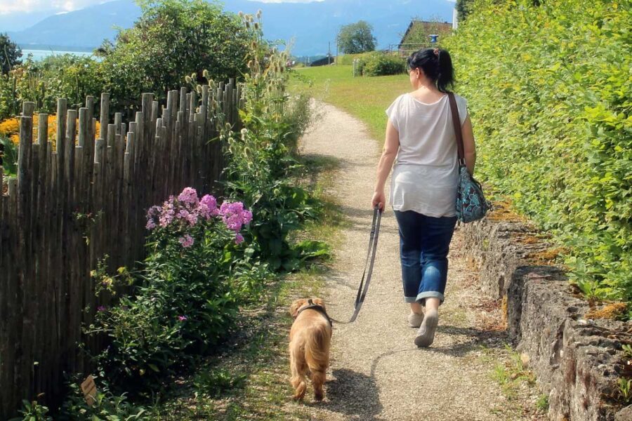 donna che porta a spasso il cane