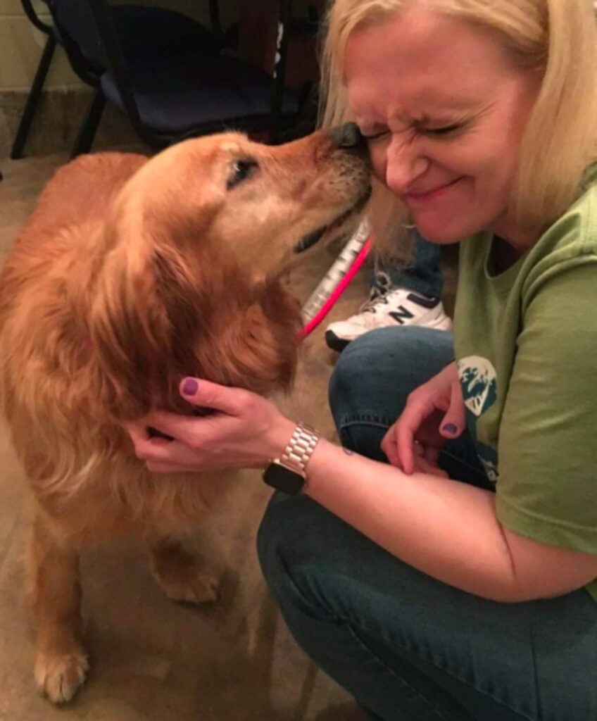 Cane che annusa una donna