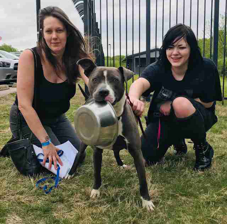 Cane con ciotola in bocca insieme a due ragazze