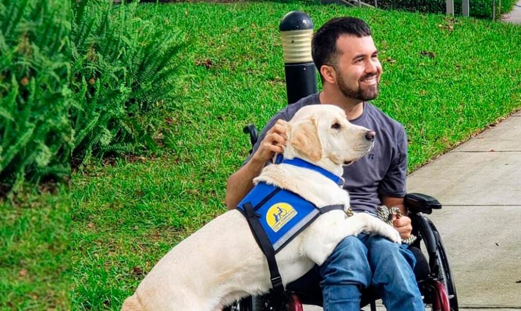 Cane insieme ad un uomo in seggiola a rotelle