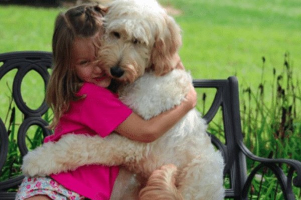 cane e bambina si abbracciano