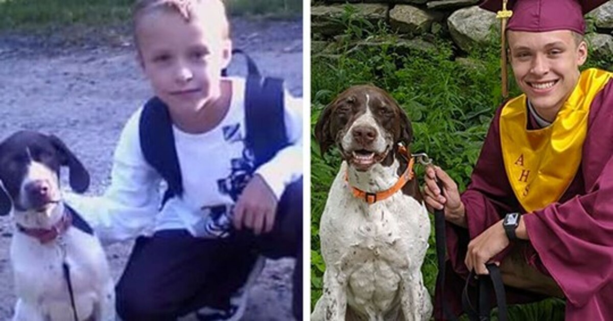 Il cagnolino Ruger e il suo padrone hanno ricreato la foto del primo giorno di scuola il giorno del diploma