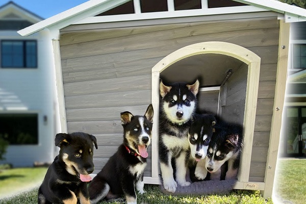 tanti cuccioli di husky vicino a una cuccia