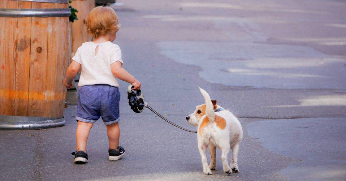 bimbo con cane al guinzaglio