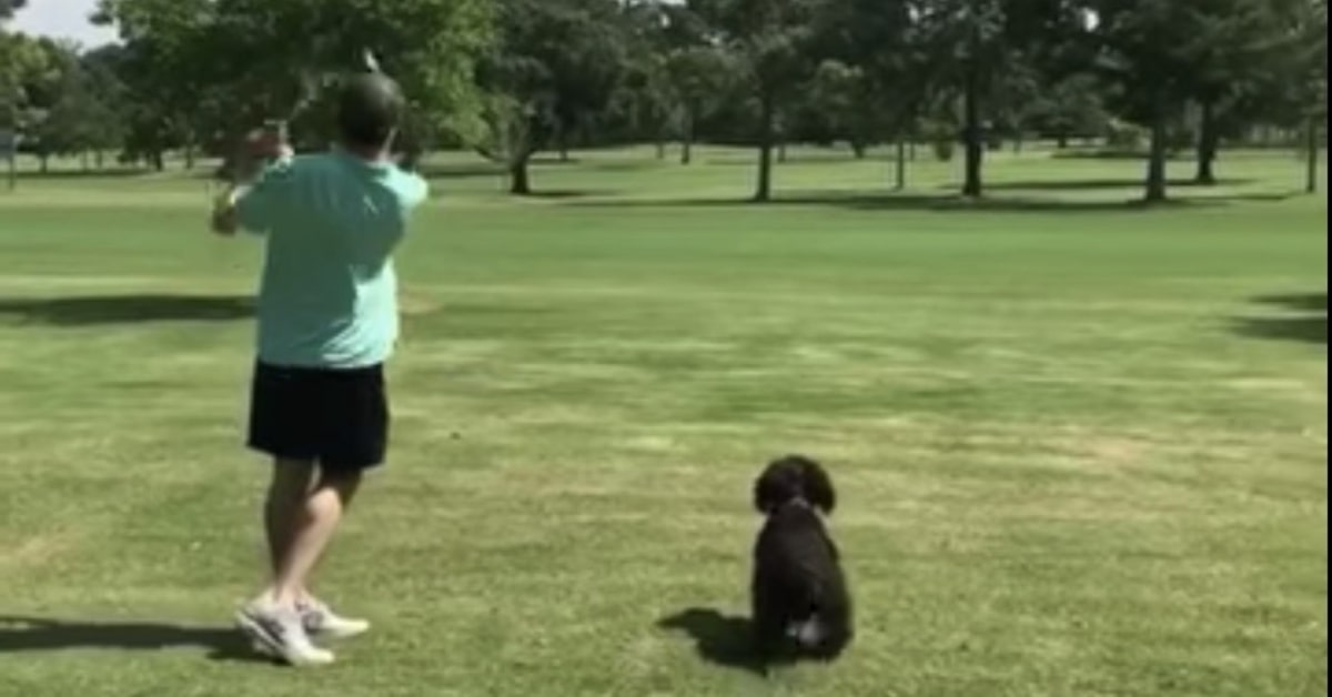 Uomo concilia lo sport con il gioco con il cane