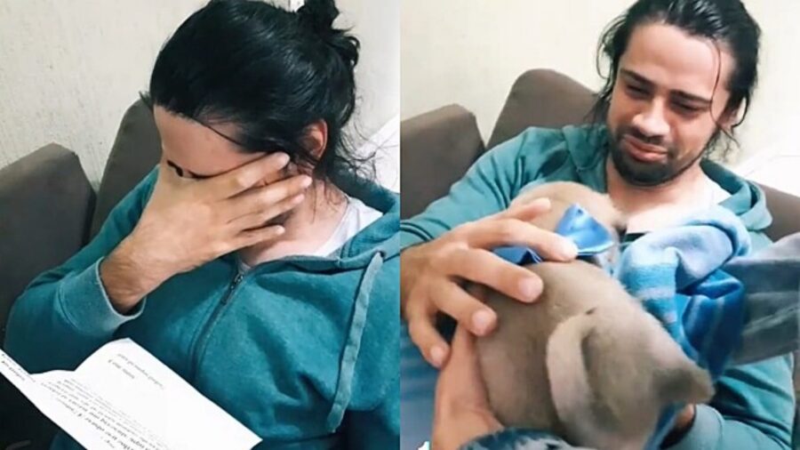 uomo piange con cucciolo in braccio