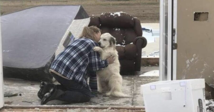 una donna abbraccia il suo cane