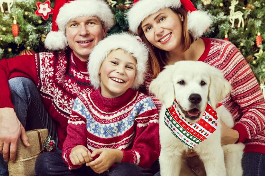 famiglia con cane festeggia il natale