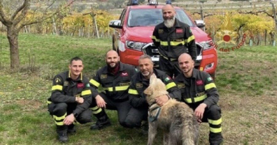 foto di gruppo dei pompieri con il cane che hanno salvato