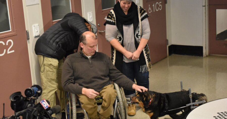 Il cane disabile che è stato restituito 4 volte viene adottato da un uomo con il suo stesso problema