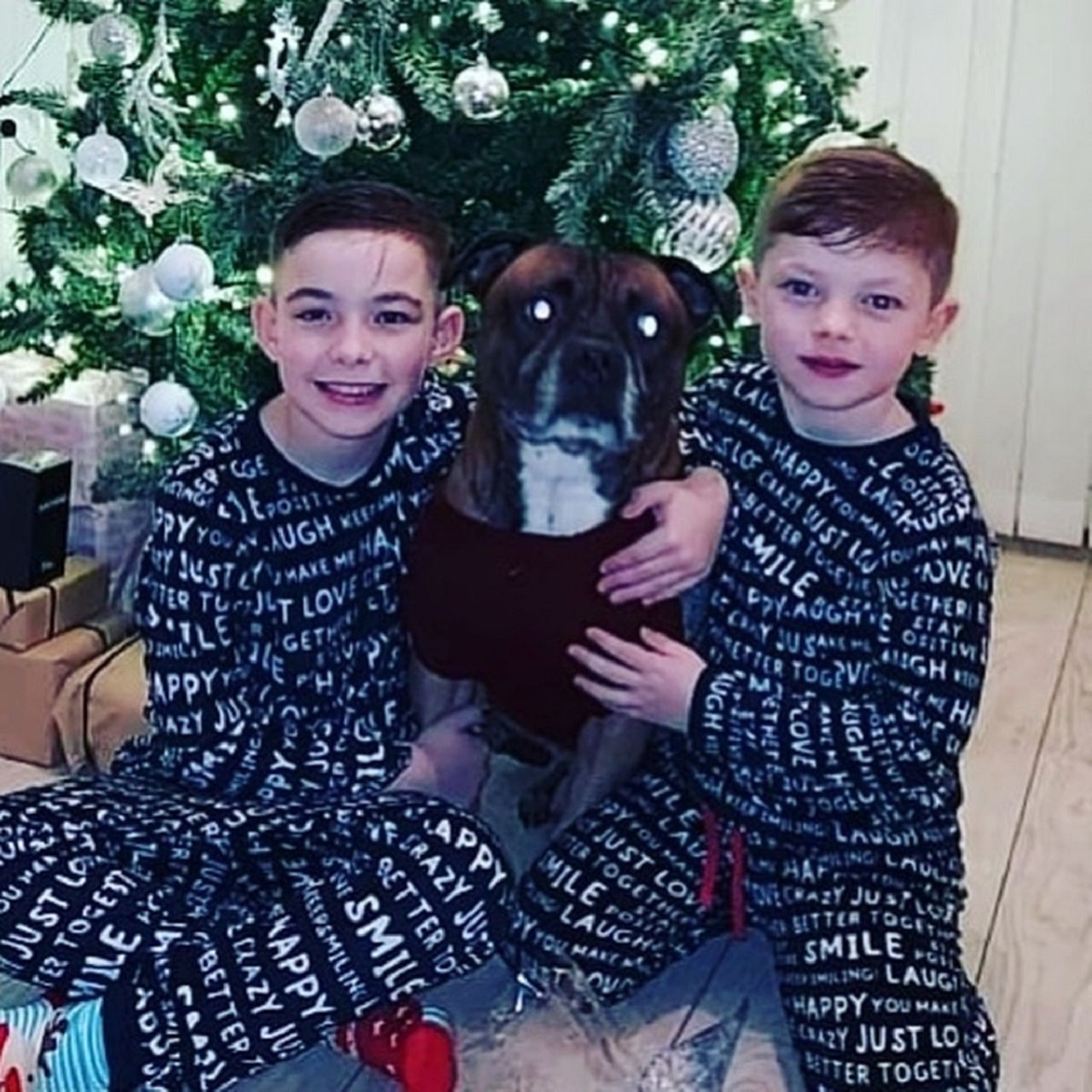 Bambini con il cane davanti all'albero di Natale