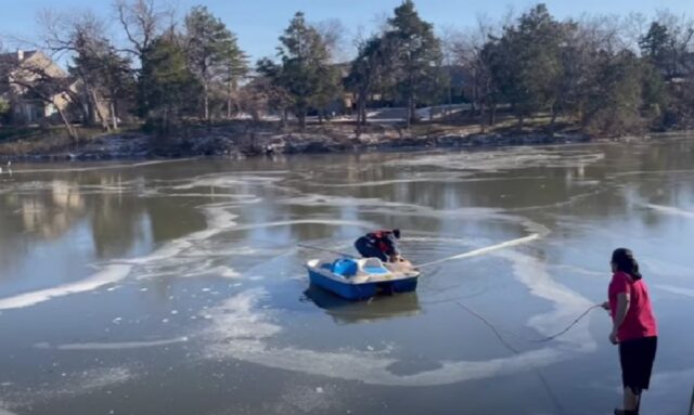 Cane finisce nel lago ghiacciato, ma i Vigili del Fuoco gli salvano la vita con un pedalò