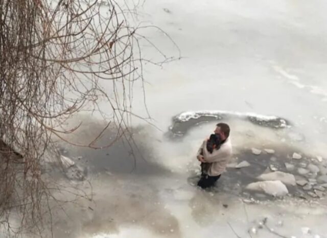 Un uomo salta in un lago congelato per salvare la vita di un cane che nemmeno conosceva