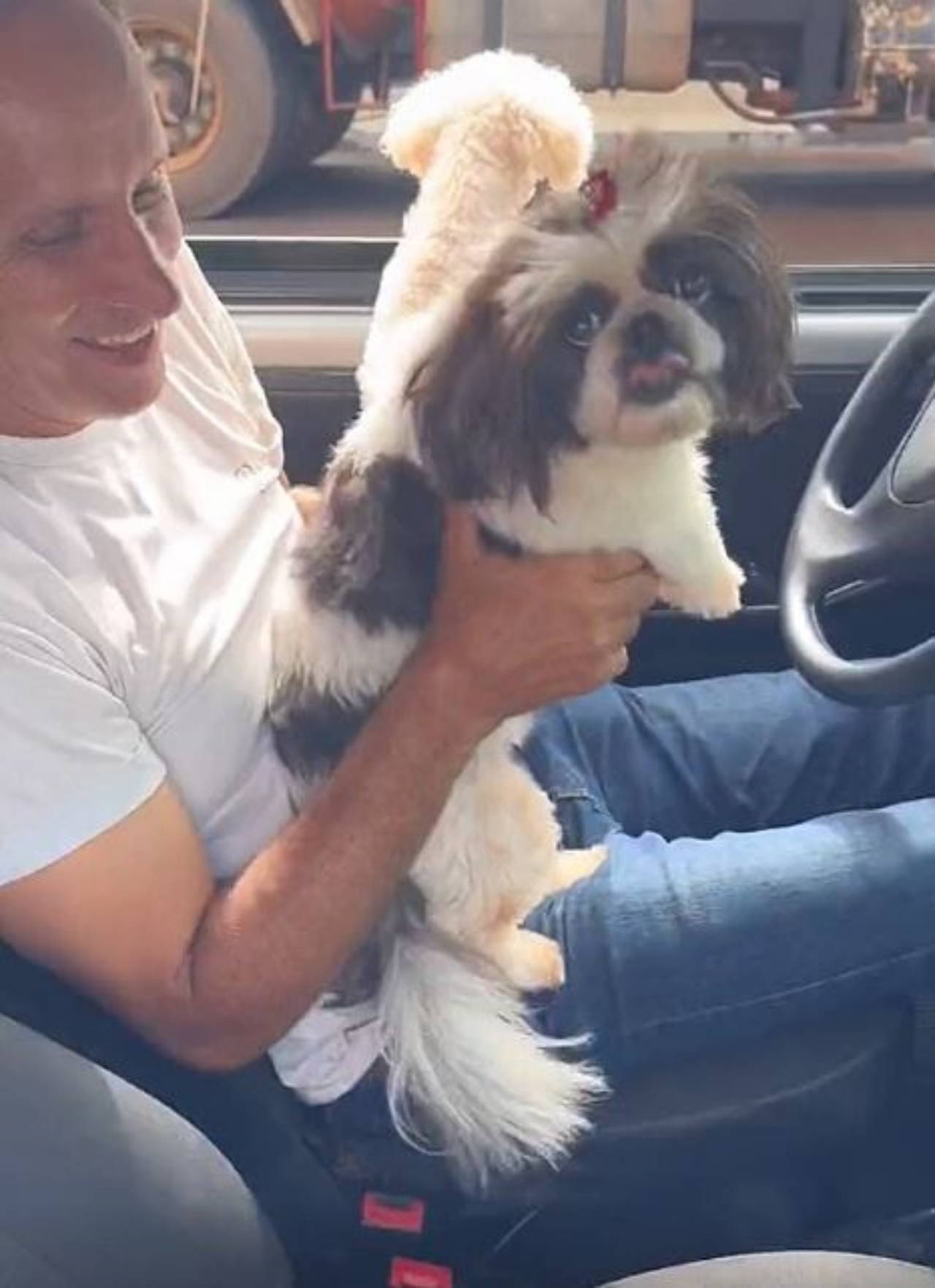 Un uomo con un cane nella sua auto