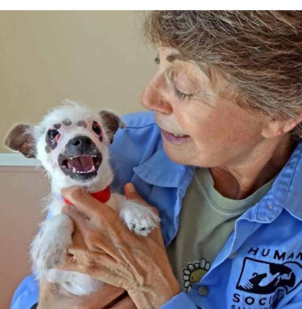 Una volontaria della Humane Society insieme ad una cagnolina particolare