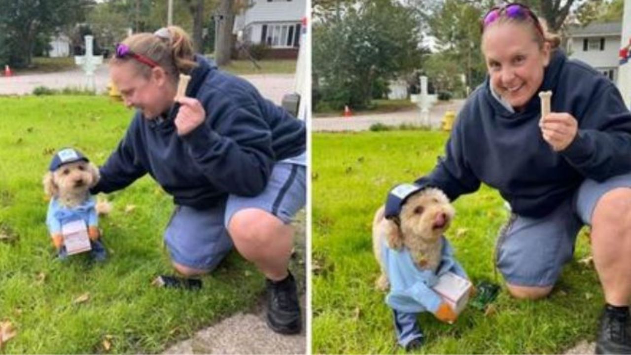 Una postina di nome Kim con un cane di nome Tippy vestito da postino