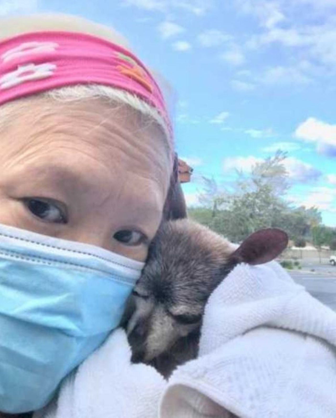 una donna con un cane anziano