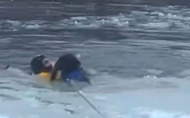 Il cane era in una situazione pericolosa, era finito dentro l’acqua ghiacciata ma poi un eroe è arrivato a salvarlo (VIDEO)