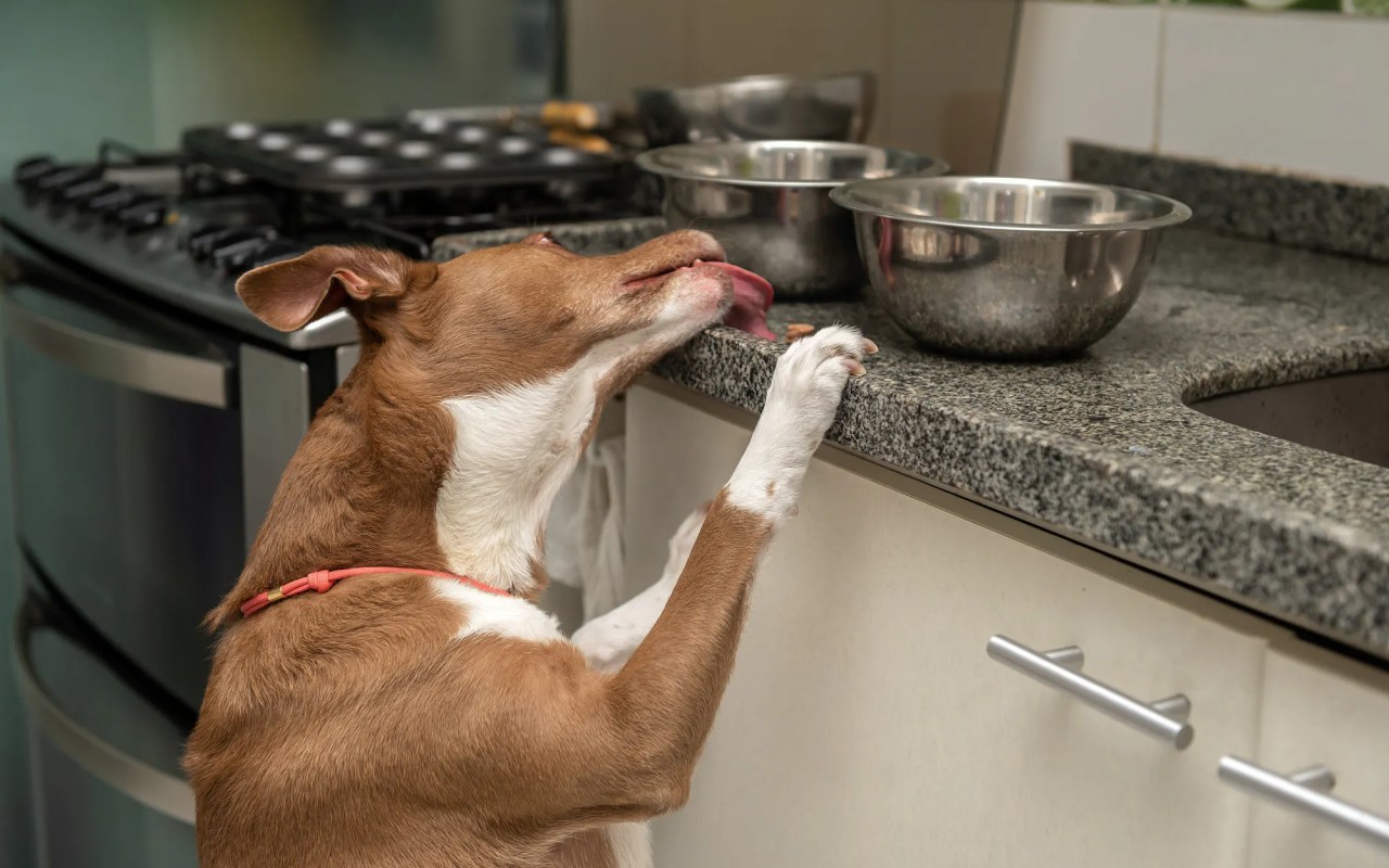 cane che ruba il cibo in cucina